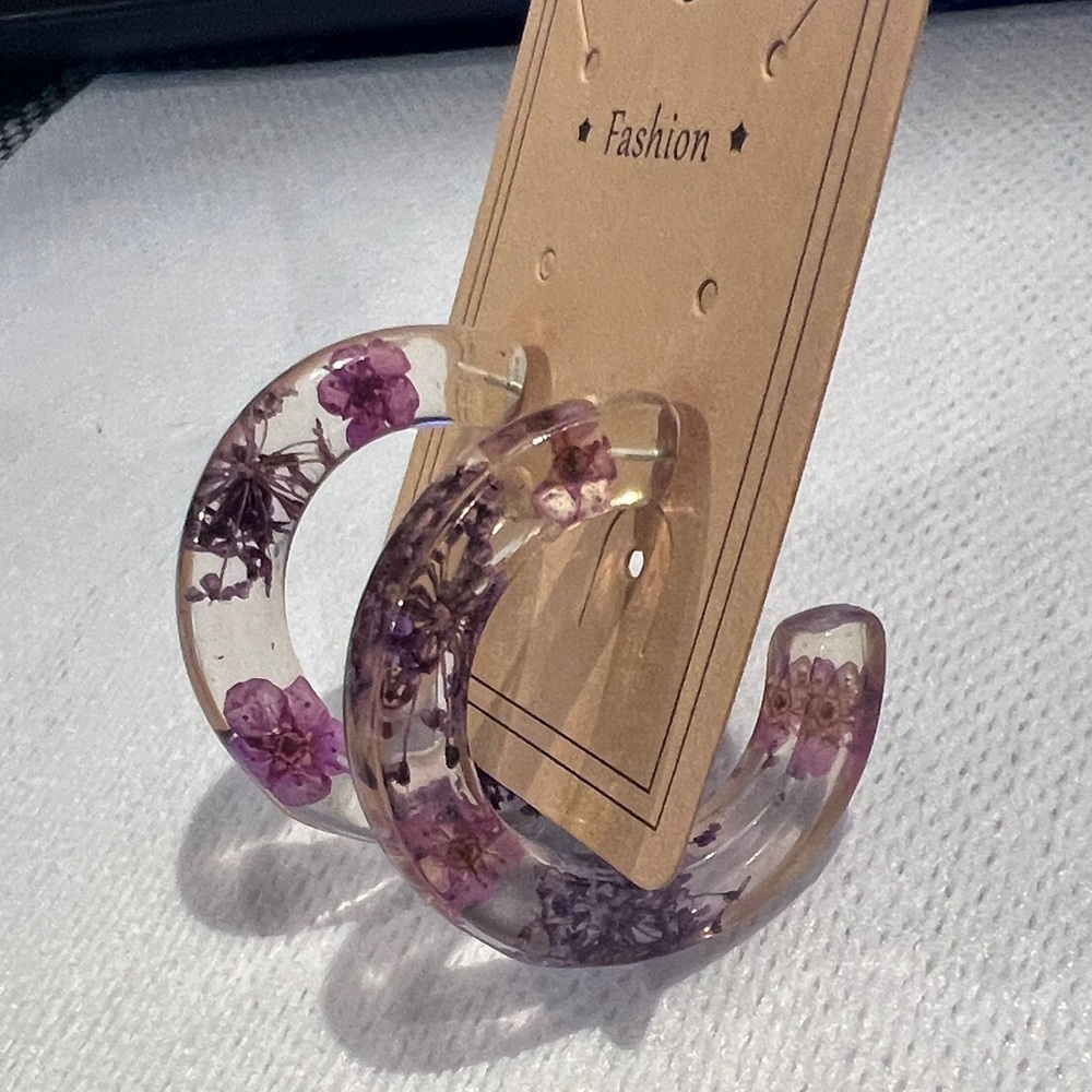 Purple Floral Resin Hoop Earrings